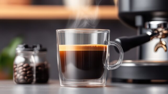Close-up of Steaming Espresso in Glass Cup with Espresso Machine and Coffee Bean Jar in Background, Modern Kitchen Setting