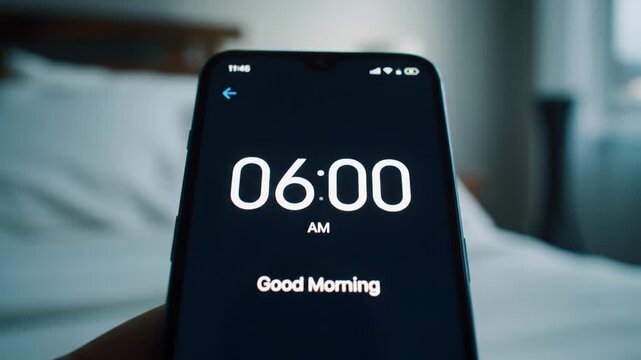 Ecu, worm's eye view video of a modern smartphone's dark alarm clock displaying '06:00 AM', 'good morning!', and 'tap to snooze' in a dim bedroom. Concept of an early morning wake-up