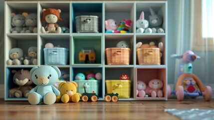 A photo of a baby toy organizer with soft toys.