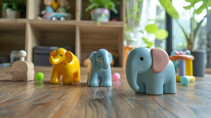 A photo of a baby toy set on a wooden floor.