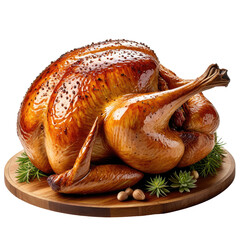 Golden, roasted turkey on a wooden platter with herb garnishes