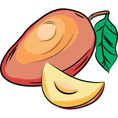 Illustration of a ripe mango fruit with a slice and a green leaf on a transparent background featuring warm gradient colors from red to orange and yellow