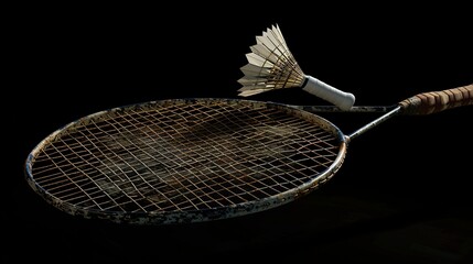 A photo of a badminton racket and shuttlecock.