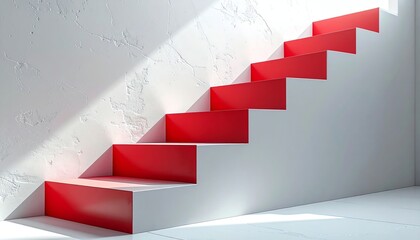 Modern minimalist red white stairs in sunlight create striking geometric contrast against textured wall, perfect for contemporary interior or architectural concepts.