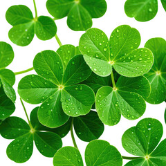 Clover patch with water droplets, on a black background; vibrant, fresh