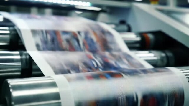 Extreme close-up of a high-precision industrial printing machine producing vibrant, multi-colored labels with intricate geometric patterns, on a chrome roller in a state-of-the-art factory. Concept
