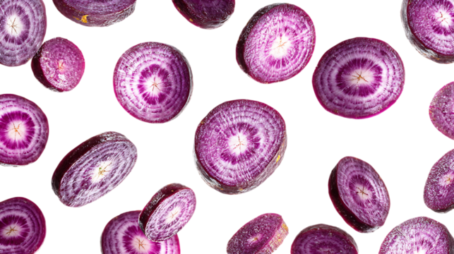 Floating Sliced Purple Carrots Isolated on Transparent Background