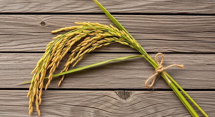Golden Rice Stalks on Rustic Wooden Surface - A Harvest of Natures Bounty.