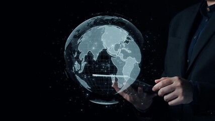 This image depicts a hands-on approach to global communication, showcasing a smartphone and a world map with various languages, emphasizing digital connection. Qubit - Powered by Adobe