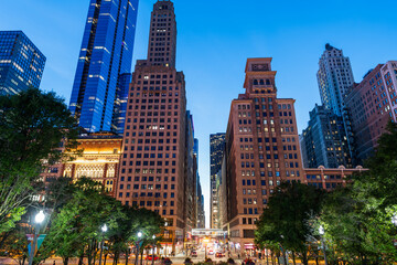 Skyscraper cityscape. Night city of Chicago. Business city. Night cityscape of Chicago skyscraper building. Chicago architecture of skyscraper. City night illuminated building. Twilight cityscape