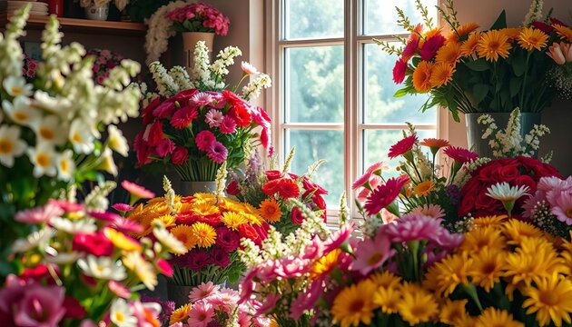 Vibrant bouquets arranged in a flower shop, sunlight streaming through window, romantic, petals