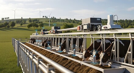 Automated Cattle Feeding System: Precision Agriculture with Robotic Feed Distribution, Wireless Sensors Monitoring Livestock on a Green Pasture Farm with Wind Turbines