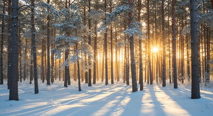 Obraz premium Winter Forest Sunrise Golden Light Shining Through Snowy Trees