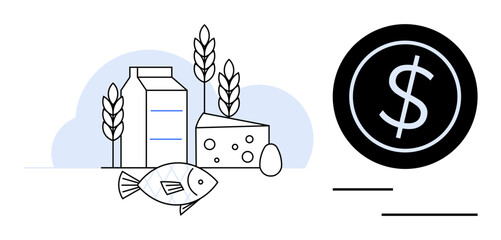 Milk, wheat, cheese, egg, and fish beside a dollar icon reflecting food pricing, economy, and nutrition. Ideal for agriculture food cost finance nutrition sustainability consumption. Simple flat