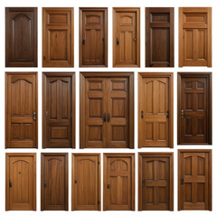 Multiple wooden doors, various panel designs, diverse wood tones