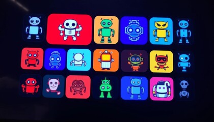Multiple robot icons displayed on a screen, various designs, data, code