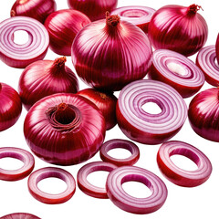 Red onions whole and sliced, stacked, against a black background