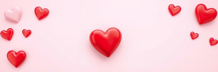 Obraz premium Romantic Valentine's Day Background with Red and Pink Hearts on Light Pink Surface, Love and Affection Concept, Minimalist Design for Greeting Cards