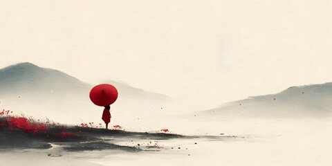 Red Umbrella in Ink Wash Landscape