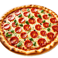 Delicious, round, sliced tomato pizza with basil and black pepper