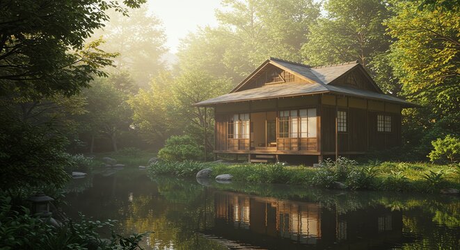 Zen Retreat Tranquil Tea House Serene Lake Reflections Misty Landscape