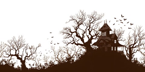Silhouette of a Haunted House with Bare Trees and Bats