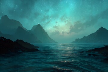 Mystical Ocean Landscape at Night