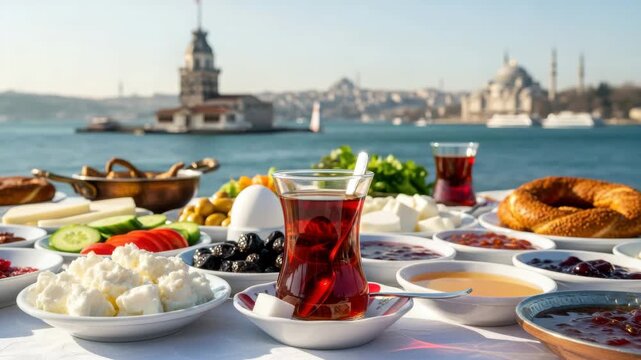 A delightful turkish breakfast spread with tea and the maidens tower view video Generative AI