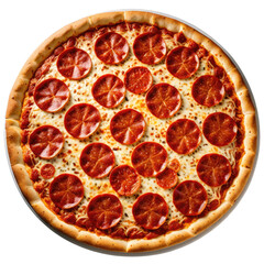 Pepperoni pizza round, cheesy, tomato sauce, meat slices, golden crust