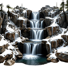Snowy waterfall cascades down rock ledges in a tranquil winter scene