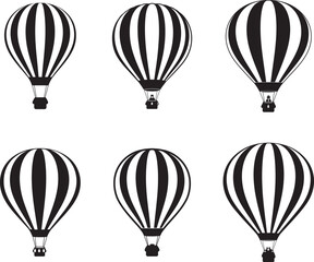 Obraz premium Collection of six black and white striped hot air balloons isolated on a white background