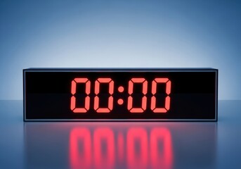 Digital clock displaying zero time with red led digits and reflection