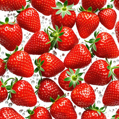 Ripe strawberries pattern. Red fruits with green leafy tops