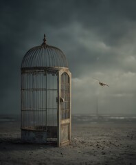 Bird Escaping Cage on Beach
