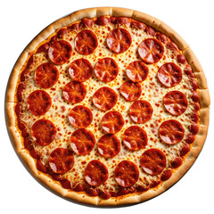 Round pizza with pepperoni, cheese, and sauce on a golden-brown crust