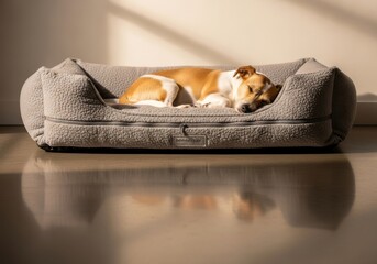 Comfortable dog rests peacefully on a plush sofa bed in soft sunlight
