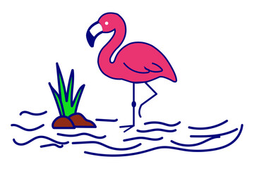 Flamingo Standing in Water Vector Illustration, Tropical Bird and Nature Concept Design