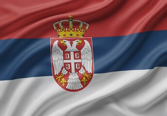 The silky national flag of Serbia displays the red, blue, and white tricolor with the lesser coat of arms