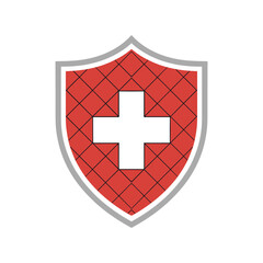 Obraz premium Shield Emblem with Red Cross and Grid Pattern on White Background medical