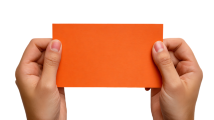 Hands Holding A4 Size orange Card Isolated on Transparent Background