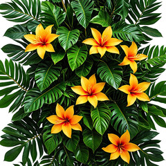 Yellow flowers amidst vibrant green tropical foliage, dense and lush