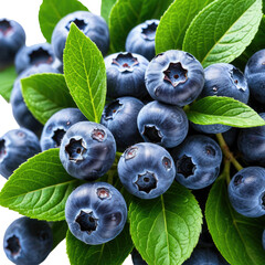 Fresh blueberries clustered together with lush, vibrant green leaves