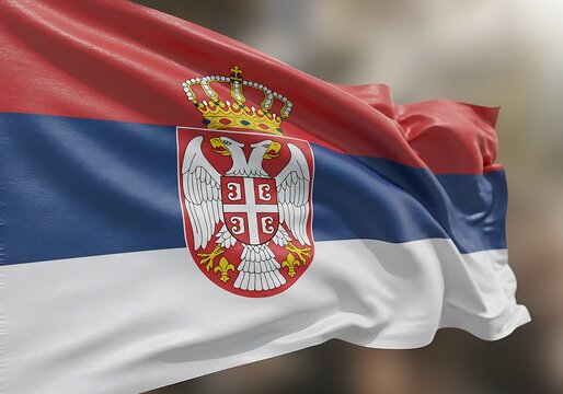 The silky national flag of Serbia displays the red, blue, and white tricolor with the lesser coat of arms