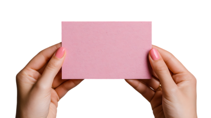 Hands Holding A4 Size Pink Card Isolated on Transparent Background