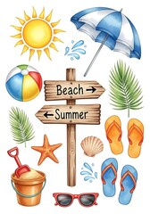 Summer Beach Vacation Elements - Sun, Umbrella, Sign, and Accessories.