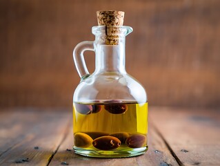 A clear glass bottle filled with golden olive oil and olives on a rustic wooden table
