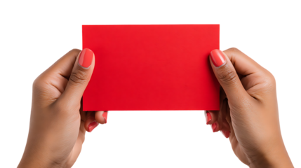 Hands Holding A4 Size Red Card Isolated on Transparent Background