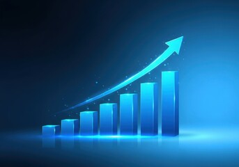 Glowing blue bar chart with upward arrow illustrating growth and success