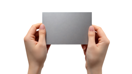 Hands Holding A4 Size Silver Card Isolated on Transparent Background