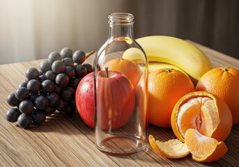A still life of fresh fruits and a bottle of clear liquid on a wooden surface